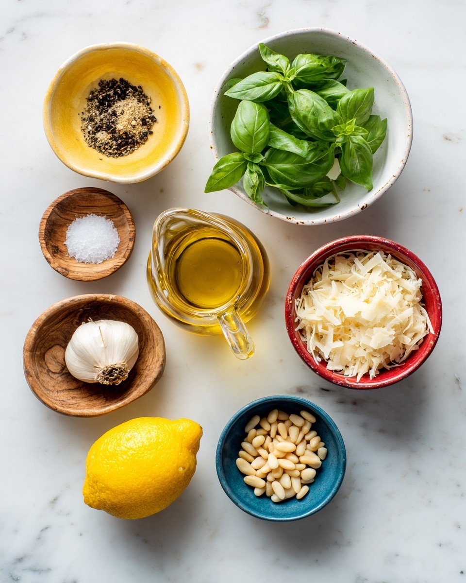 A top view of seven small containers on a white marbled surface, each holding different ingredients arranged in a rough line. From left to right, there is a small yellow bowl with black pepper, a small wooden bowl with salt, a white bowl with fresh green basil leaves, a clear glass pitcher with golden olive oil, a red bowl filled with shredded pale cheese, a peeled clove of garlic, a small blue bowl with light brown pine nuts, and a whole yellow lemon. The colors vary from bright green, yellow, and white to muted browns and natural wood tones, all arranged neatly and clearly visible. Photo taken with an iphone --ar 4:5 --v 7