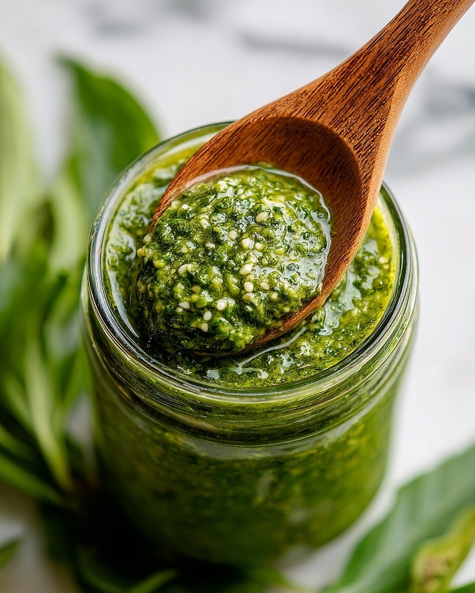 The image shows a close-up of a clear glass jar filled with a thick, textured green sauce, likely pesto. The sauce has a bright green color with small bits of light green and white ingredients mixed in. A wooden spoon with a smooth surface and natural wood grain is dipped into the sauce, resting on the edge of the jar. The background features blurred green leaves and other plant parts on a white marbled texture. Photo taken with an iphone --ar 4:5 --v 7