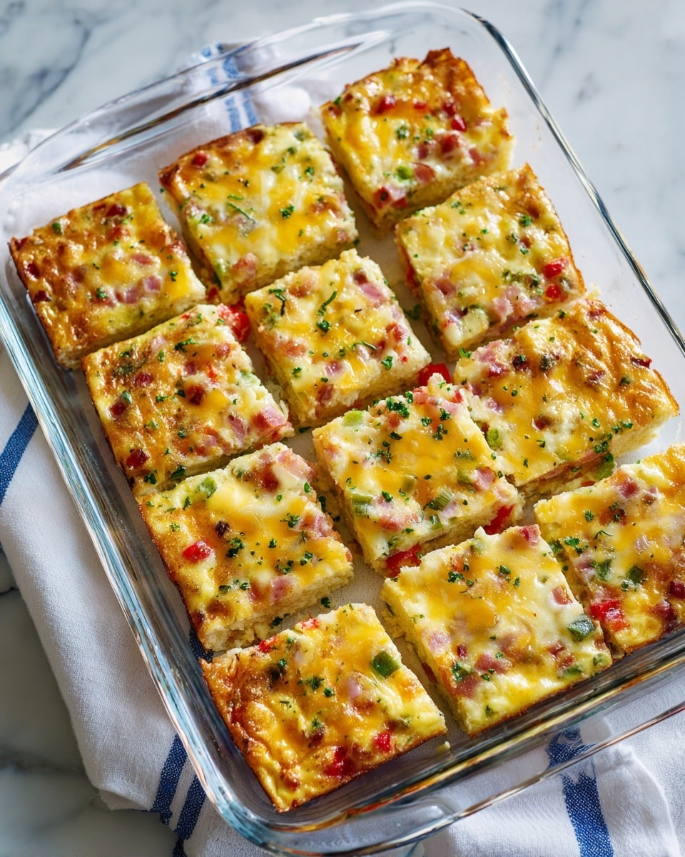 A clear glass rectangular baking dish filled with a cooked egg casserole cut into 15 square pieces, each piece showing a top layer of melted yellow cheese with small green herb bits sprinkled over it. Under the cheese, layers of diced red, green, and pinkish ingredients are slightly visible, giving a mixed texture and color effect. The edges of the casserole are lightly browned and crisp. The dish sits on a white marbled surface with a white cloth featuring blue stripes partially visible underneath. photo taken with an iphone --ar 4:5 --v 7