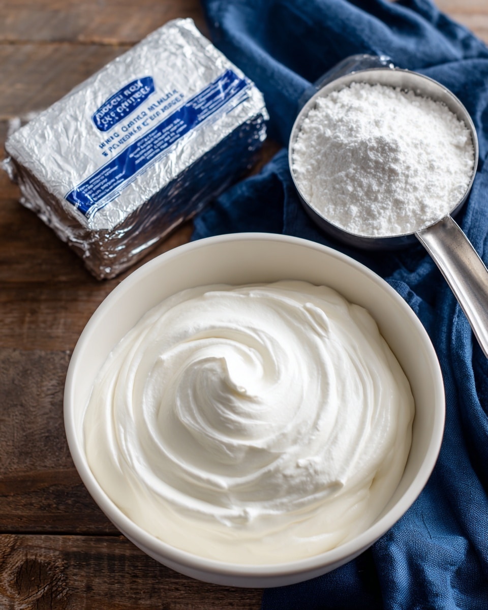 A close-up top view of a white bowl filled with smooth, white whipped cream, showing a slight swirl and gentle peaks on the surface; next to the bowl is a metallic measuring cup filled with white powdered sugar, overflowing slightly on the sides, and a foil-wrapped block of cream cheese with blue text on the wrapper, all placed on a brown wooden surface with a dark blue cloth partially visible in the background; photo taken with an iphone --ar 4:5 --v 7
