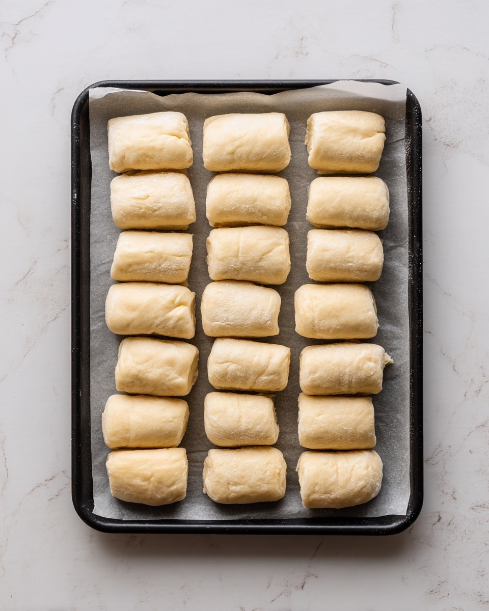 This image shows a dark baking tray lined with light grey parchment paper, holding five rows of small, rectangular dough pieces. Each dough piece is pale cream in color with a smooth and slightly puffy texture. The pieces are spaced evenly, arranged in neat rows, with some showing slightly rounded or folded edges. The background is a white marbled texture. Photo taken with an iphone --ar 4:5 --v 7