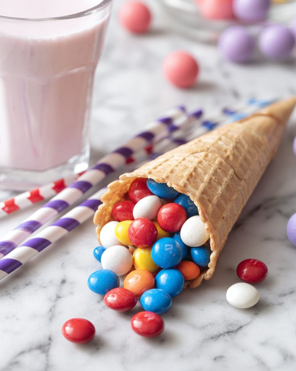 A close-up of a waffle cone lying on its side on a white marbled surface, filled with colorful round candies in red, blue, yellow, white, and orange. Three candies spilled beside the cone show colors red and pink. Around the cone, there are three striped paper straws in purple and white, red and white, and blue and white, crossing each other. On the left, there is a clear glass with a pale pink milkshake sitting on the white marbled surface. Soft blurred background with hints of pink and purple shapes adds a gentle touch. photo taken with an iphone --ar 4:5 --v 7