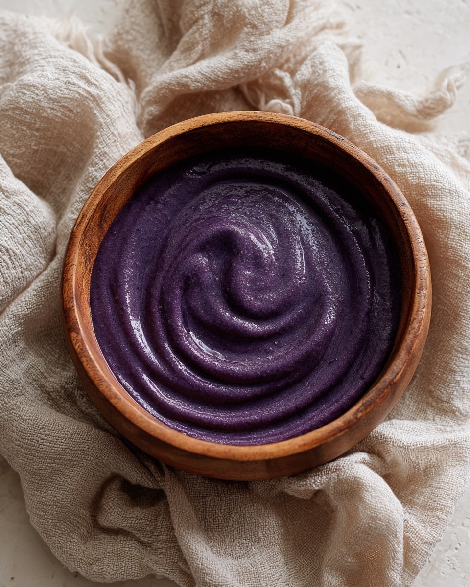 A wooden bowl filled with a thick, smooth purple puree that has a slightly shiny surface and gentle swirls on top, sitting on a light textured fabric on white marbled texture surface photo taken with an iphone --ar 4:5 --v 7