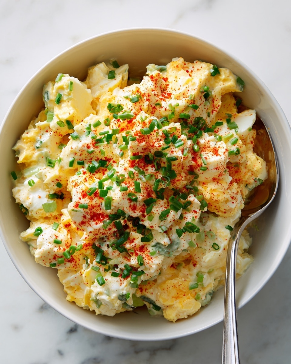 A close-up of a creamy egg salad served in a white bowl on a white marbled surface, showing two layers: a base layer of chopped egg whites and yolks mixed with mayonnaise and small bits of celery, pale yellow and white in color with a soft and chunky texture, and a top layer sprinkled with bright green chopped chives and a dusting of red paprika powder, adding a pop of color. A shiny silver spoon rests within the salad, partially submerged in the mixture. photo taken with an iphone --ar 4:5 --v 7