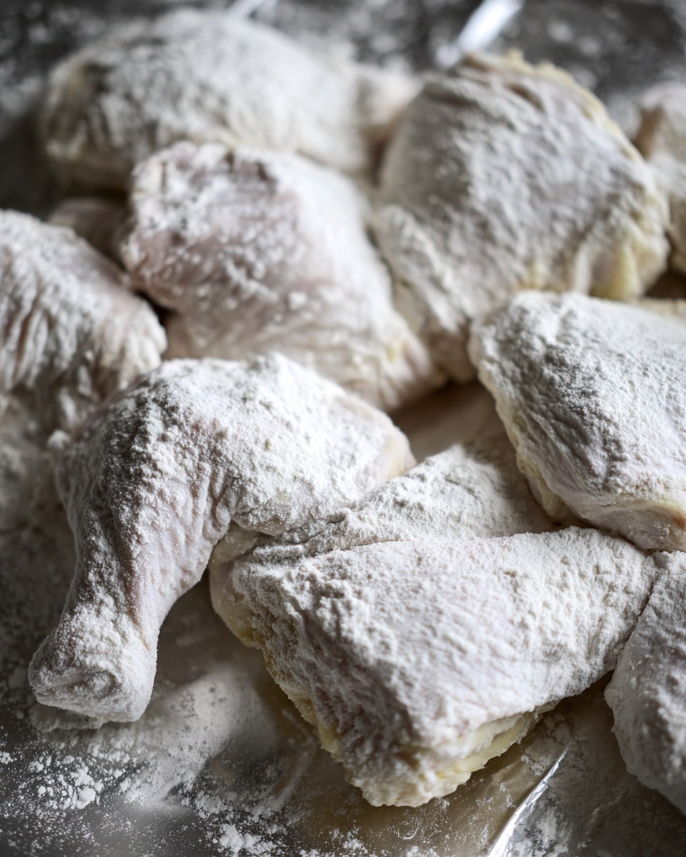 The image shows several pieces of raw chicken covered in a thick layer of white flour, arranged closely together on a shiny metal foil. The flour layer is uneven and clings to the rough texture of the chicken, giving each piece a powdery, pale appearance. The chicken pieces vary in size and shape, some with visible folds and curves, creating a natural, irregular look. The shiny foil beneath reflects light slightly, contrasting with the matte flour. Photo taken with an iphone --ar 4:5 --v 7