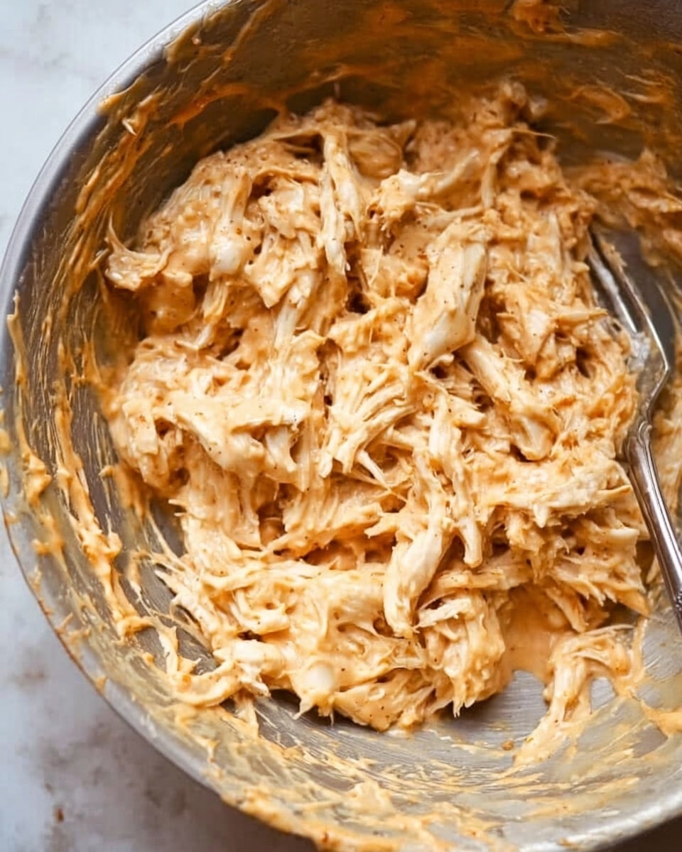 The image shows shredded, light tan colored chicken mixed with a creamy, light orange sauce in a metal bowl with some sauce smeared on the sides. The texture of the chicken pieces looks soft and moist, with the sauce evenly coating the shredded meat. A fork is partially visible on the right side of the bowl, resting inside the mixture. The background surface is white marbled texture. photo taken with an iphone --ar 4:5 --v 7