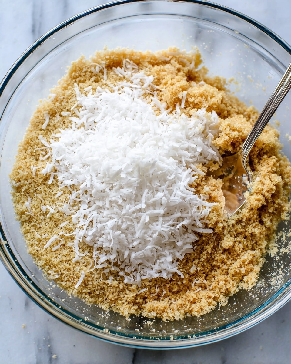 A clear glass bowl holds two layers of ingredients: at the bottom is a crumbly light brown mixture with a grainy texture, and on top is a loose pile of white shredded coconut flakes. A shiny silver spoon is partially buried in the brown mixture near the right side of the bowl. The bowl sits on a white marbled surface. Photo taken with an iphone --ar 4:5 --v 7