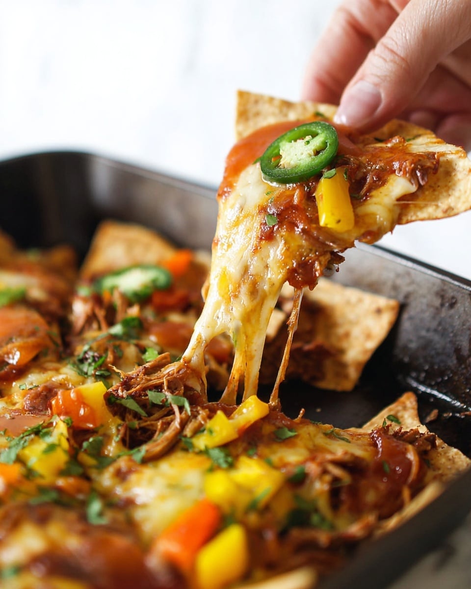 A close-up shows a woman's hand holding a single triangular tortilla chip stacked with layers. The bottom layer is a light golden-brown crispy chip, followed by a thick stretch of melted pale yellow cheese pulling up from a pan. Next, there is a layer of orange and red sauce above the cheese. Topping this are small pieces of browned shredded meat and a single green jalapeño slice. Some chopped fresh green herbs and diced yellow and orange bell peppers are visible on the chips still in the pan below. The pan is dark metal and the background is a white marbled texture. Photo taken with an iphone --ar 4:5 --v 7