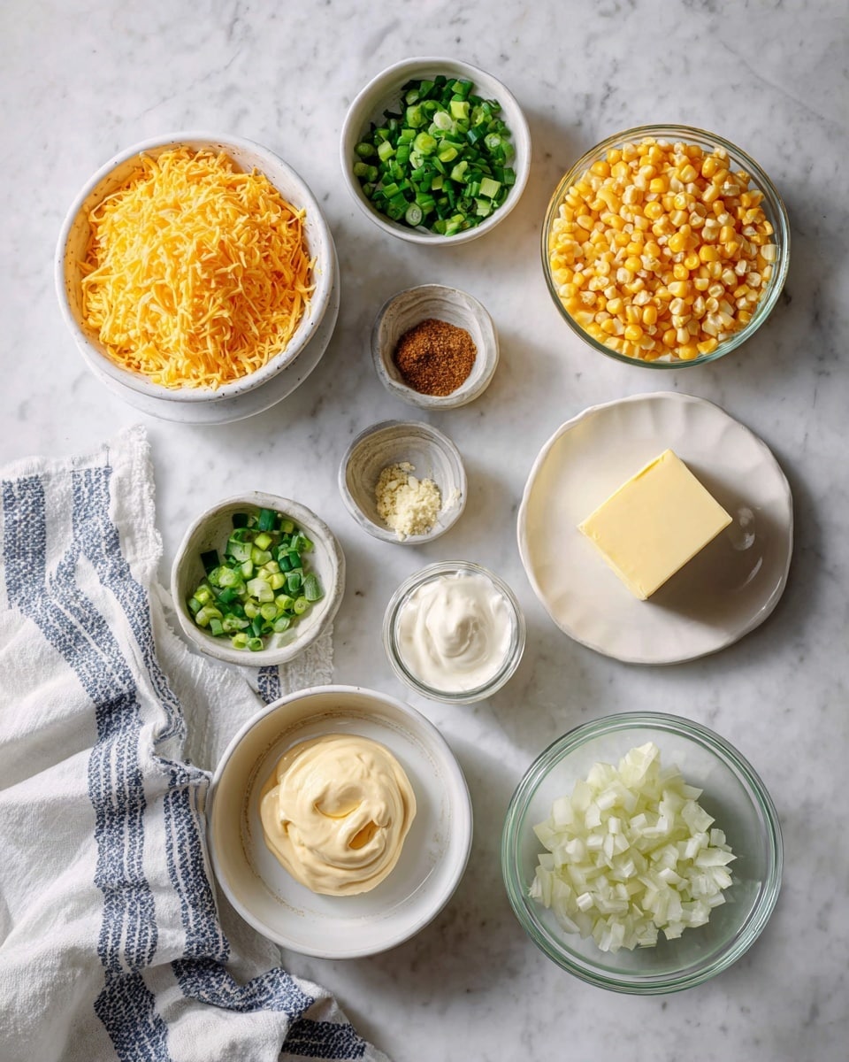 A flat lay of various ingredients neatly arranged on a white marbled surface includes nine small white bowls and one white plate. Starting from the top left, there is a bowl filled with shredded yellow and orange cheese, next to it a bowl with chopped green onions. Below is a small bowl with brown spice, beside it a bowl filled with finely chopped green bell peppers. A bowl with creamy light-yellow mayonnaise and next to it a bowl with white sour cream sit on a white and blue striped cloth. In the center, a white plate holds a small block of pale yellow butter. A small bowl of chopped garlic sits near a larger glass bowl filled with yellow corn kernels. To the right, a bowl with finely chopped white onions completes the scene. photo taken with an iphone --ar 4:5 --v 7