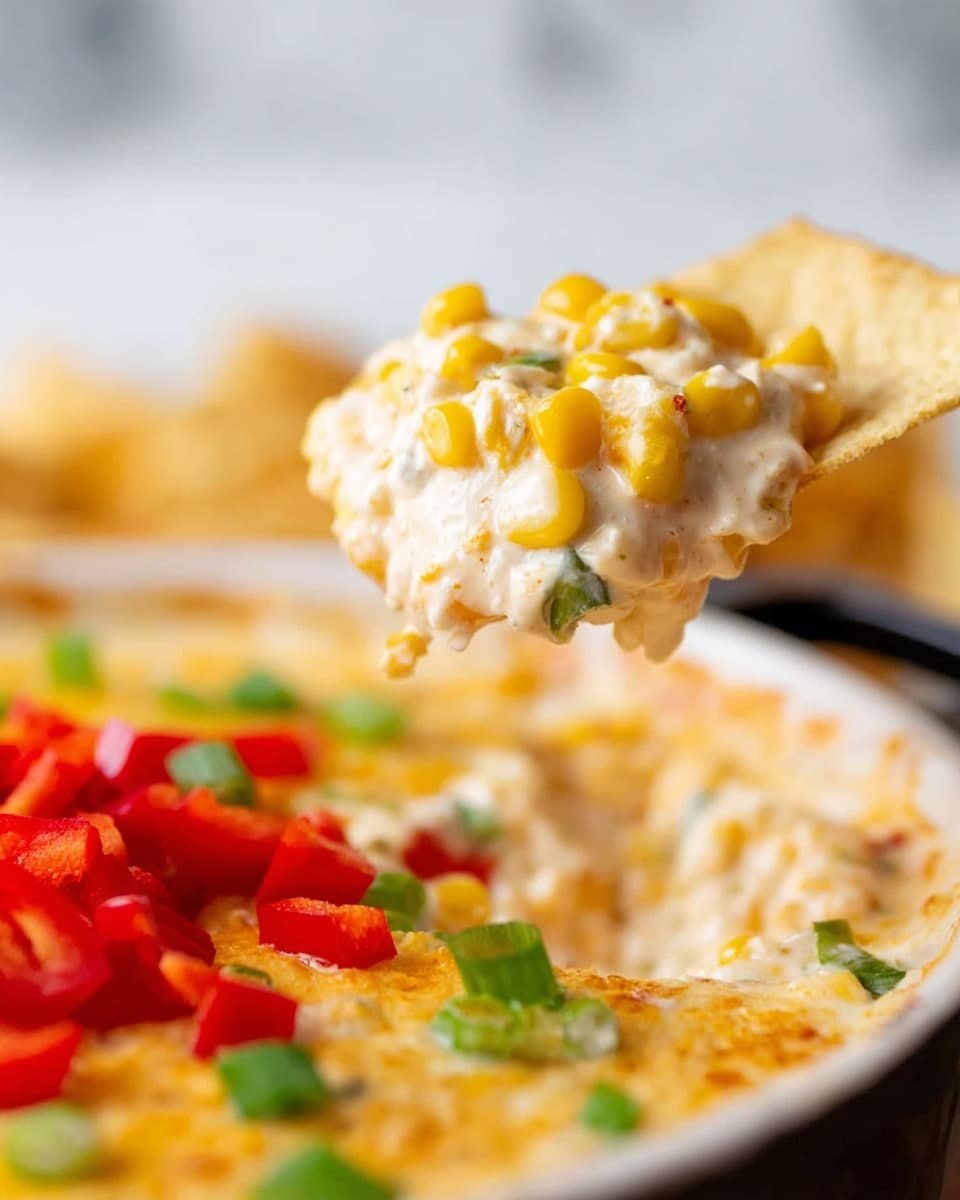 A white chip is lifting a creamy, light-colored cheesy mixture with bright yellow corn kernels from a dish. The dish itself contains a thick layer of melted cheese mixed with corn and small green pieces, likely chopped green onions. At the front edge, there are chopped fresh red bell peppers and more green onions adding bright red and green colors. The background is blurred, with a white marbled surface under the dish. photo taken with an iphone --ar 4:5 --v 7