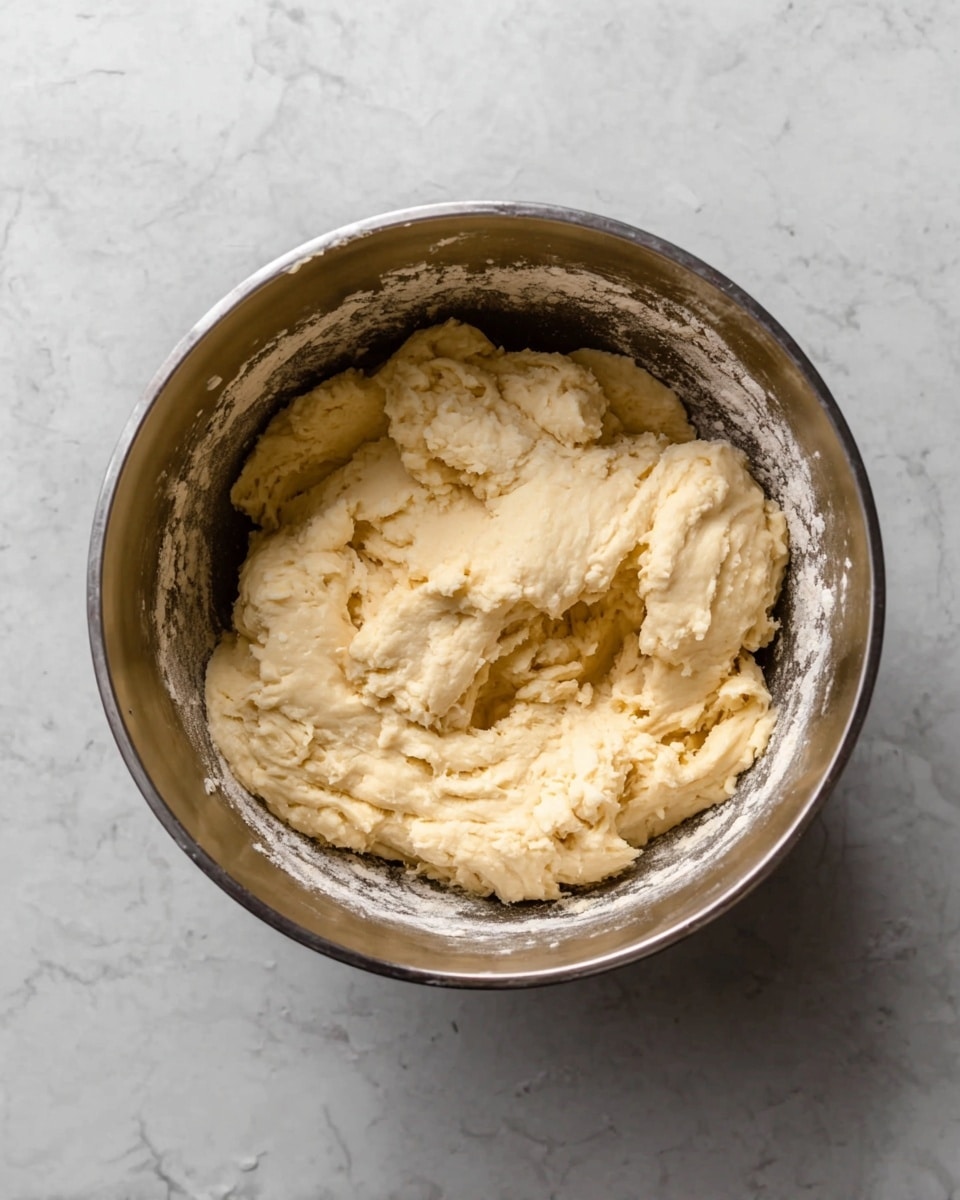 A metal bowl filled with thick, pale yellow dough that has a soft and slightly sticky texture, resting inside with some flour dusted lightly on the sides of the bowl. The dough appears smooth in some parts and rough in others, showing texture from mixing. The bowl is placed on a white marbled surface. photo taken with an iphone --ar 4:5 --v 7