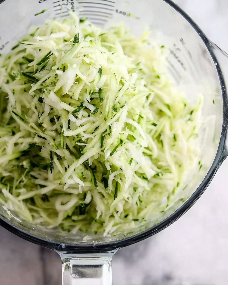 A clear measuring cup filled with shredded pale green zucchini, showing thin, soft strands mixed evenly. The zucchini pieces have a fresh and moist texture, with thin dark green skin bits scattered throughout, sitting on a white marbled surface. The measuring cup has black and white markings for volume visible on the side. Photo taken with an iphone --ar 4:5 --v 7