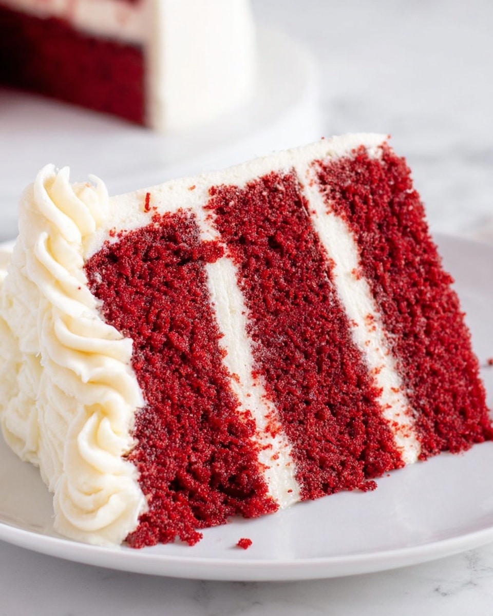 A slice of layered cake with three thick layers of deep red sponge separated by two smooth, creamy white frosting layers, all resting on a simple white plate. The top edge of the slice has a piped white frosting decoration, and the background is a white marbled texture. The red sponge looks soft and moist with a fine crumb texture, while the white frosting is smooth and even between the layers, creating a clear contrast. Photo taken with an iphone --ar 4:5 --v 7