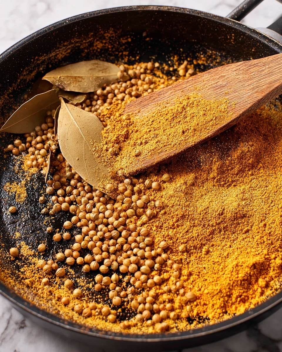 In a black pan, there is a mix of whole round beige coriander seeds and ground orange-yellow spices spread in an uneven layer along the bottom. Two light brown dry bay leaves lie partly covered by the spices near the left side. A flat wooden spatula with a smooth, slightly curved edge is resting on the spices, touching the pan near the bottom left area, with the handle stretching outward. The pan has visible light texture from use, and the spice powder creates a swirling pattern around the seeds. The image shows a close-up shot highlighting the rough, grainy texture of the spices and the smooth, natural wood of the spatula. The surface beneath is a white marbled texture photo taken with an iphone --ar 4:5 --v 7