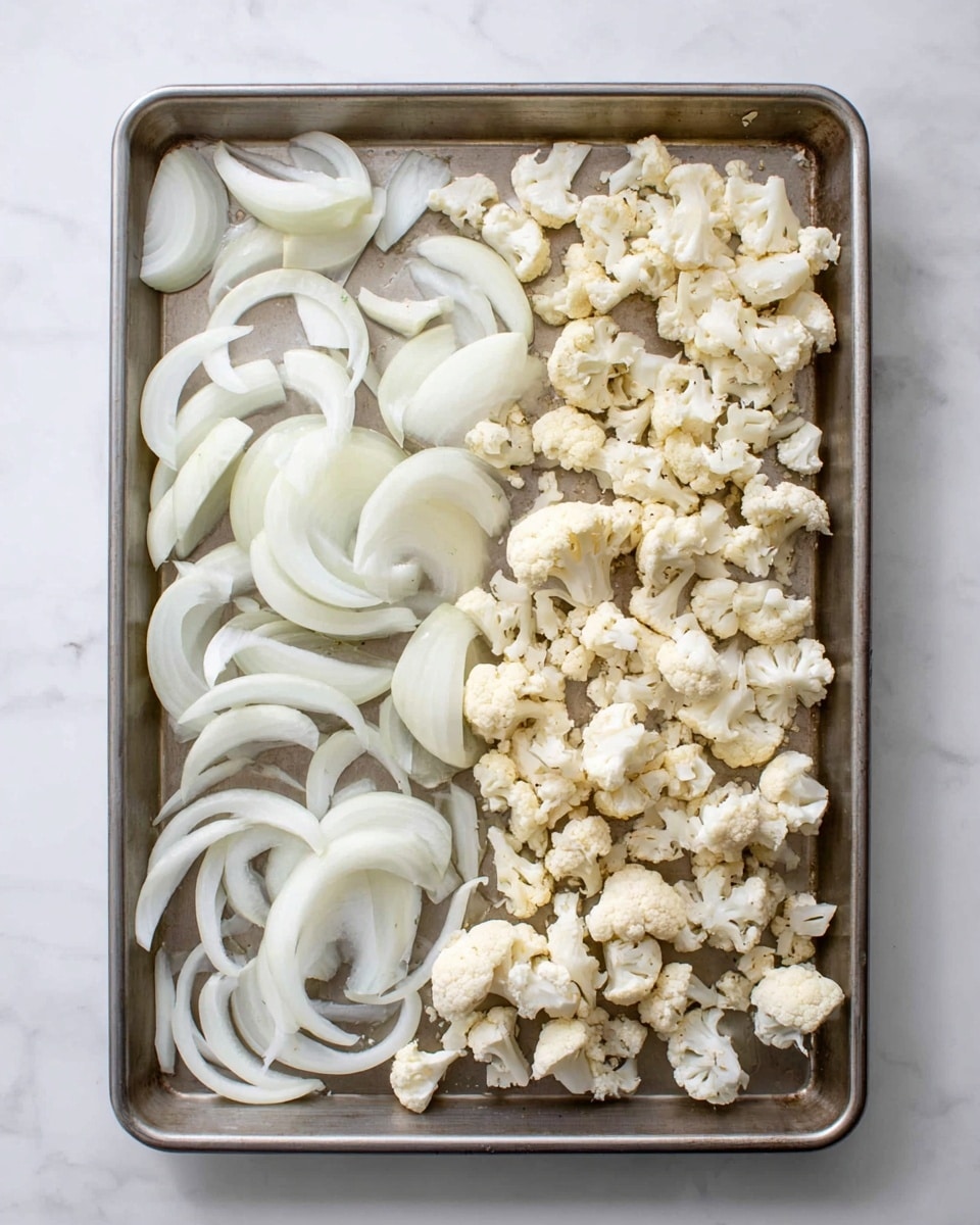 A metal baking tray filled with two layers of vegetables, arranged side by side. The left layer has pale white, thin slices of onion, showing semi-circle shapes with smooth, curved edges and layered textures. The right layer contains small and medium-sized pieces of cauliflower florets, off-white in color, with bumpy and detailed textures. The tray is placed on a white marbled surface, giving a clean and fresh feel. Photo taken with an iphone --ar 4:5 --v 7