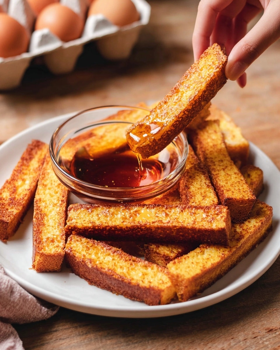 The image shows a white plate with several golden brown toast sticks stacked and spread out. Each toast stick has a crispy textured surface with a slightly darker toasted crust around the edges. In the center of the plate, there is a small clear glass bowl filled with amber-colored syrup. A woman's hand is dipping one toast stick into the syrup, showing the slight shine as it gets coated. The plate is placed on a light brown wooden surface, and a carton of eggs is blurred in the background. photo taken with an iphone --ar 4:5 --v 7
