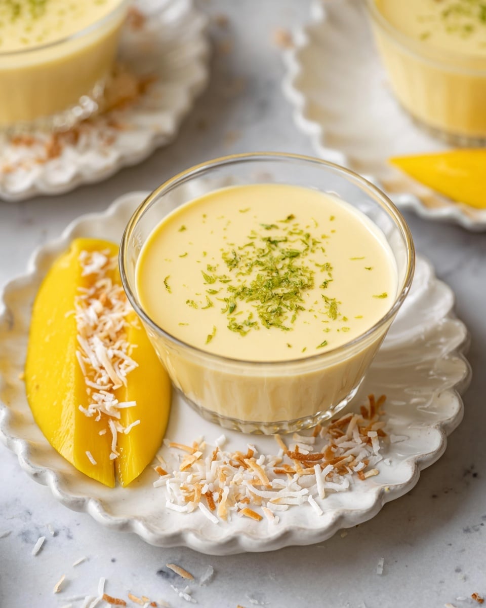 The image shows a small clear glass bowl filled with smooth, light yellow custard topped with finely grated green zest, placed in the center of a white scalloped plate. On the left side of the plate, there are two yellow mango slices with a glossy texture, sprinkled with white shredded coconut, and a small pile of toasted coconut flakes at the bottom edges of the plate. In the background, parts of similar plates with custard and mango slices are partially visible, all set on a white marbled surface. photo taken with an iphone --ar 4:5 --v 7