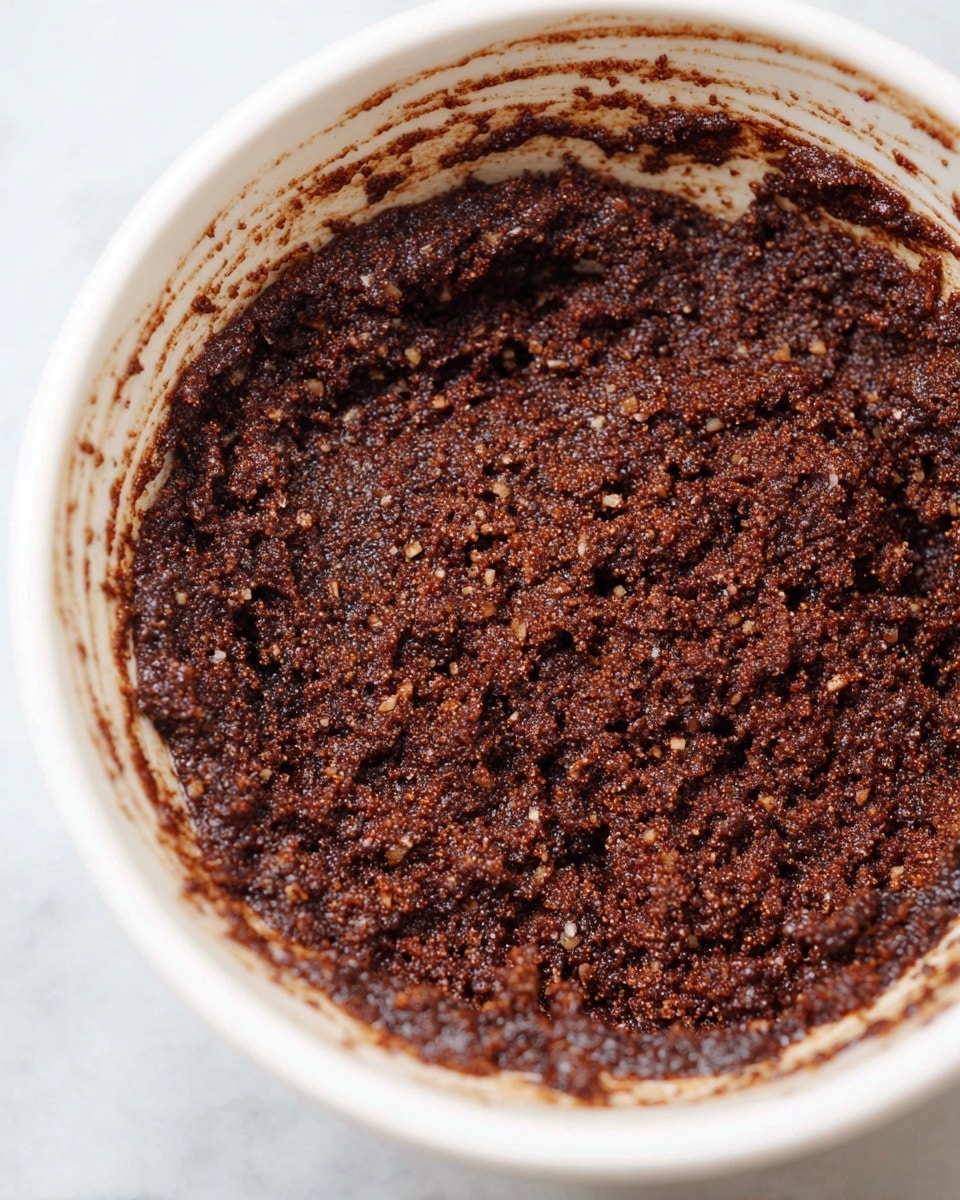 A close-up of a thick, dark brown mixture with a coarse texture is shown inside a white bowl. The mixture appears dense with small bits throughout, giving it a slightly grainy look. The sides of the bowl are stained with streaks of the same dark brown substance, showing it has been stirred. The background is a white marbled texture. photo taken with an iphone --ar 4:5 --v 7