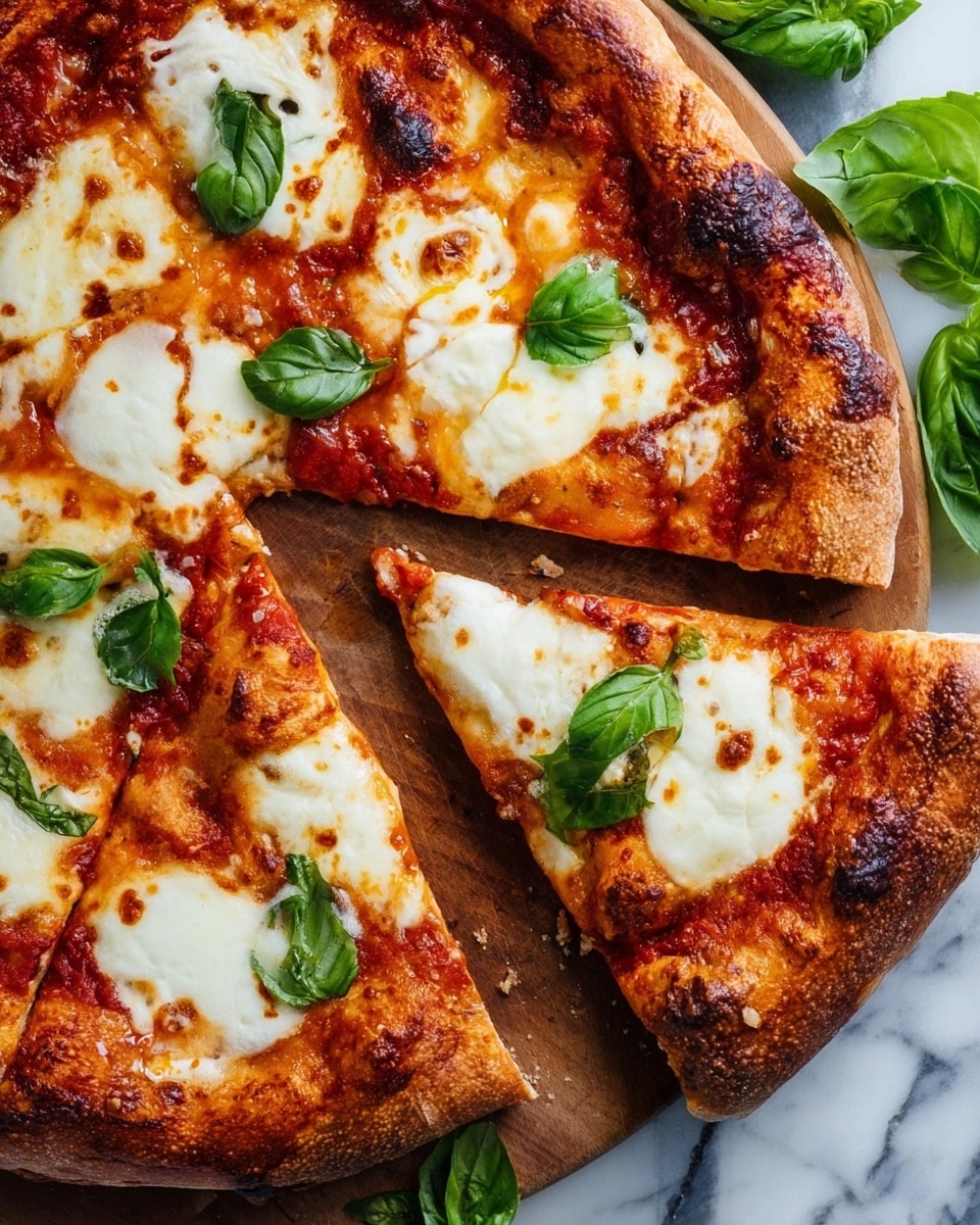 A pizza with one layer of bright red tomato sauce topped with uneven white melted cheese patches scattered across it. Fresh green basil leaves are placed on the cheese, adding color to the top. The crust is thick, golden brown, and slightly burnt in some spots, giving it a rustic look. It is cut into triangular slices, with one slice slightly pulled out on a wooden board. The background is a white marbled texture with some fresh basil leaves around the pizza. Photo taken with an iphone --ar 4:5 --v 7