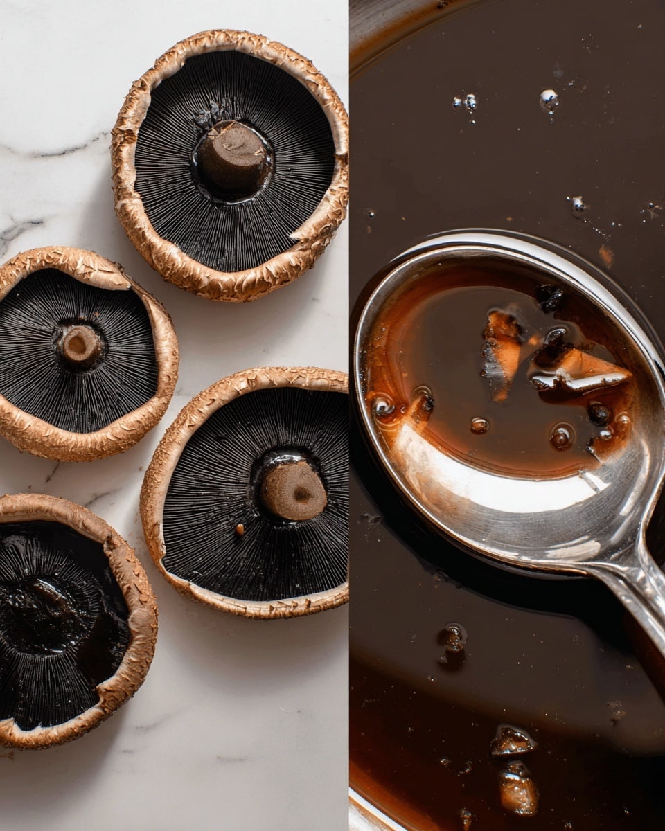 The image shows four large, round mushrooms with dark brown, almost black, smooth caps and light brown edges placed on a white marbled surface. A few drops of dark brown sauce are around the mushrooms. Next to them is a close-up of a metal spoon resting in a thick, dark brown liquid with small pieces of ingredients floating in it, likely a sauce or broth. The spoon reflects some light, creating a shiny spot. photo taken with an iphone --ar 4:5 --v 7