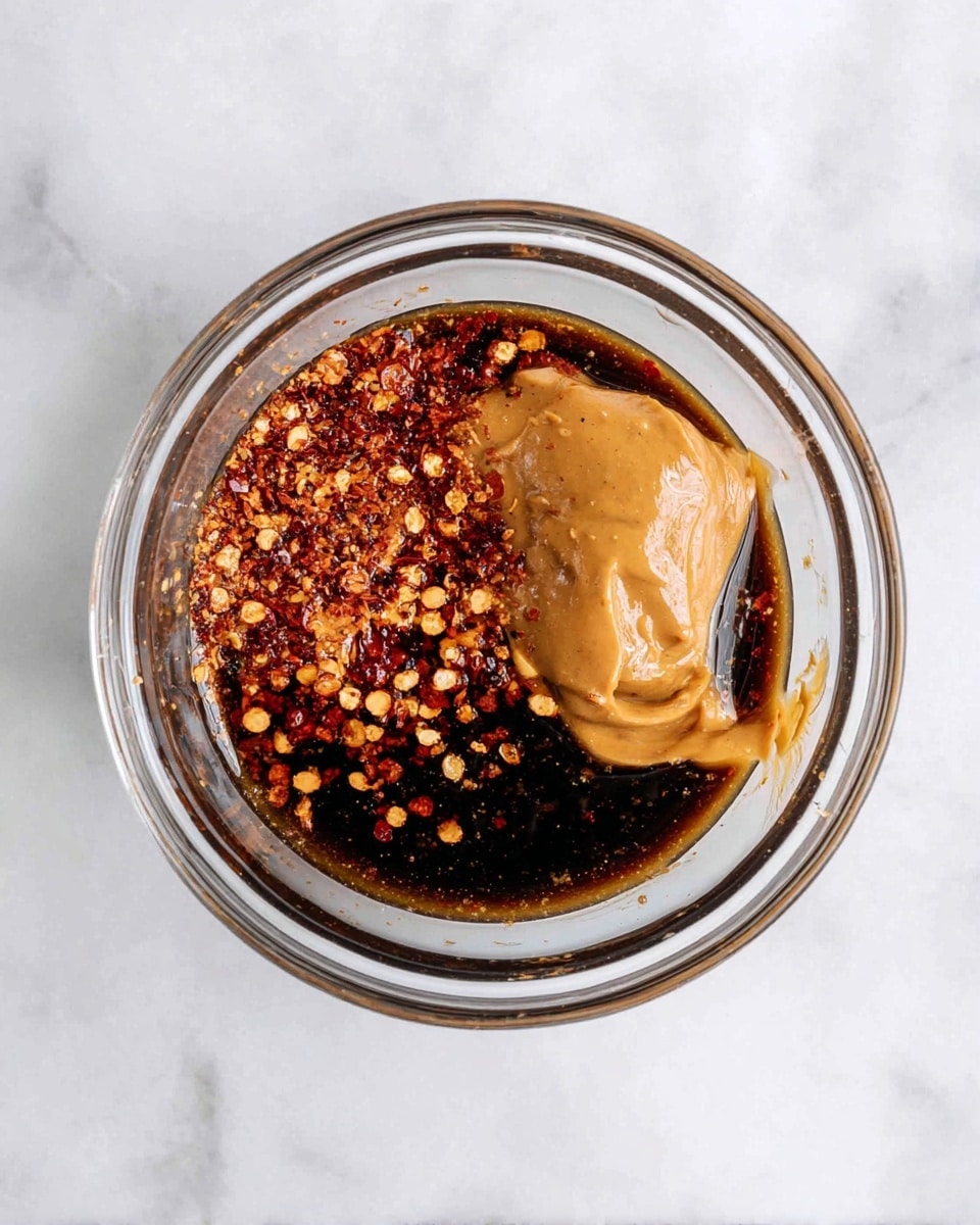 A clear glass bowl on a white marbled surface holds three visible layers of ingredients: a dark, glossy liquid layer at the bottom, a smooth, light brown dollop of peanut butter on the right side partly touching the liquid, and a thick sprinkling of red chili flakes covering the left half and some parts near the peanut butter. The chili flakes add a rough texture and bright red color contrast to the smooth peanut butter and dark liquid beneath. Photo taken with an iphone --ar 4:5 --v 7