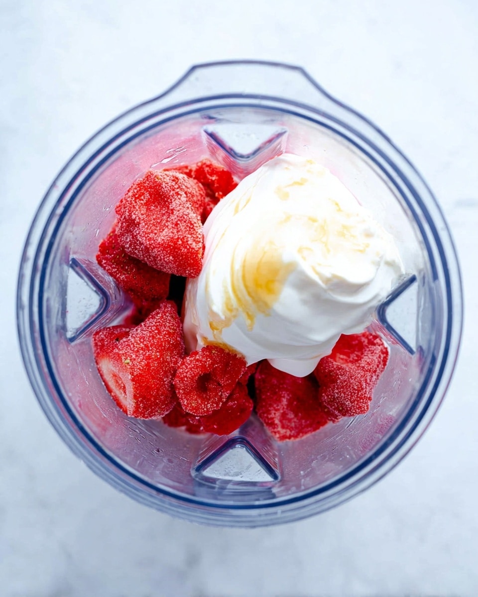 A clear blender container is filled with two layers of ingredients seen from above; the bottom layer is made of bright red frozen strawberries with frosty textures, uneven and natural shapes, while the top layer is a large dollop of thick white yogurt with a small drizzle of golden honey pooling slightly in the center. The scene is set on a white marbled surface. photo taken with an iphone --ar 4:5 --v 7