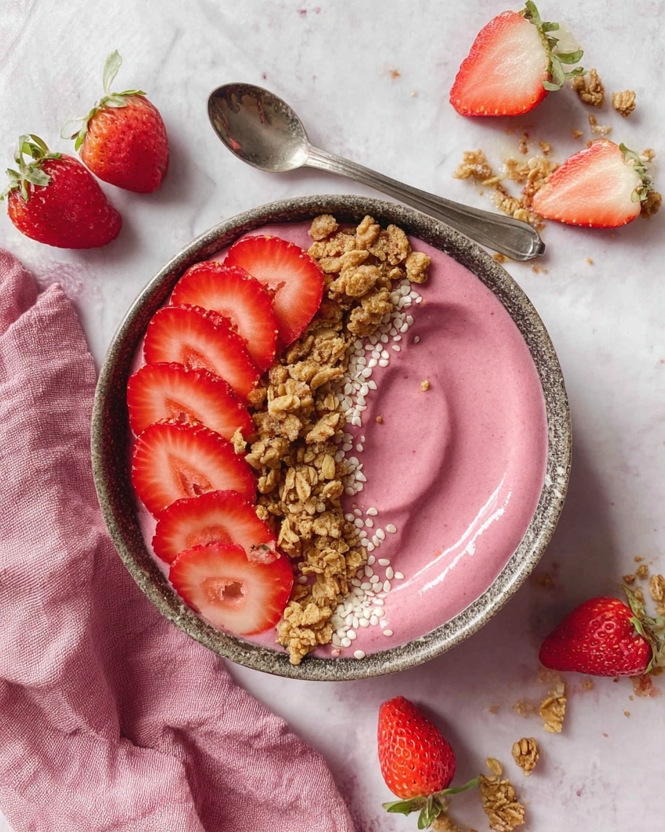 A round bowl filled with a thick pink smoothie layer forms the base. On top, there is a neat row of red strawberry slices on the left side and a crunchy clump of granola to the right of the strawberries. Small white seeds are sprinkled over the strawberries and granola. The bowl sits on a white marbled surface surrounded by fresh whole and sliced strawberries, some granola crumbs, and a soft pink cloth nearby. A simple silver spoon lies above the bowl. The scene is bright and fresh. photo taken with an iphone --ar 4:5 --v 7