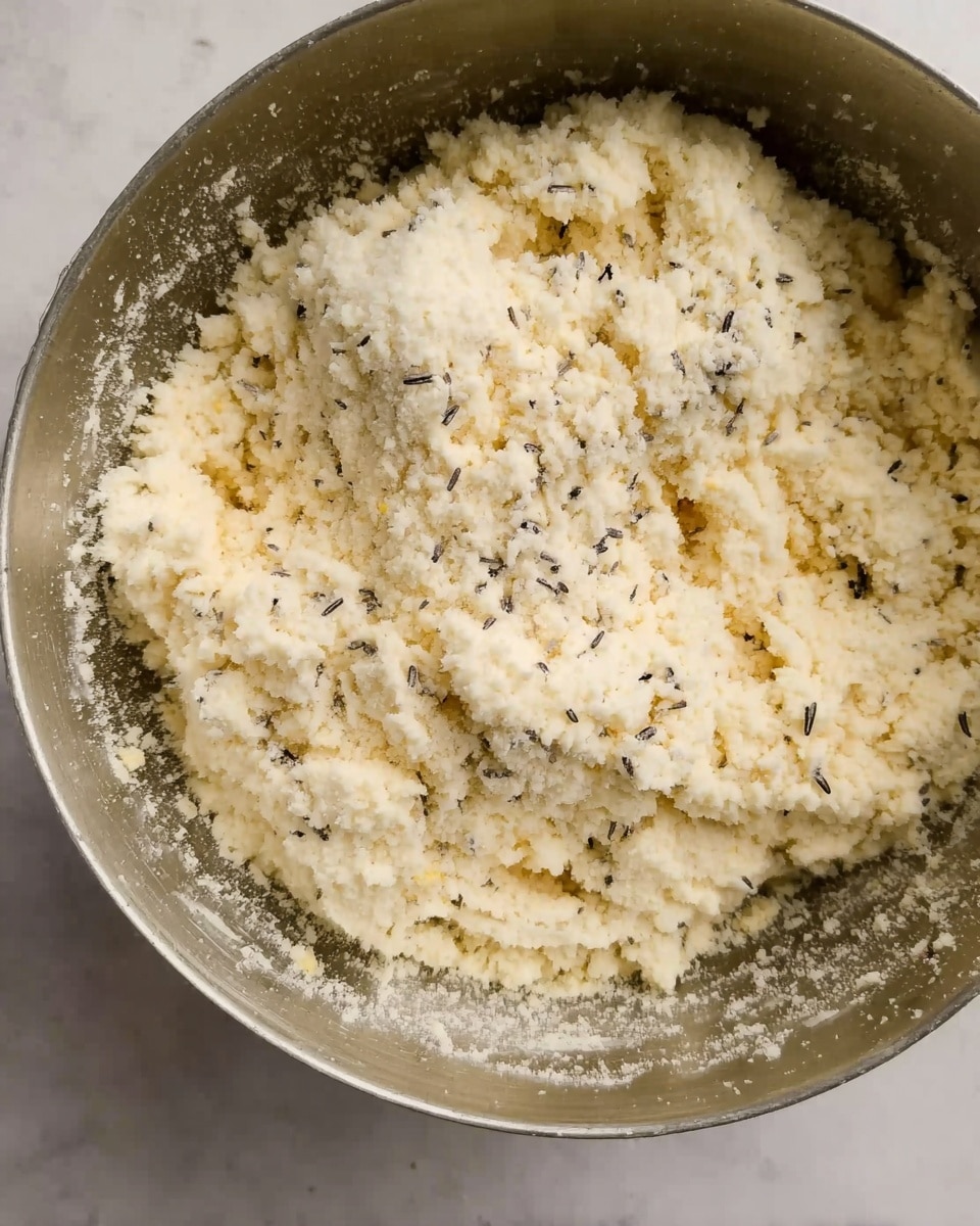 The image shows a close-up of a rough mixture inside a silver bowl. The mixture is pale yellow to off-white in color, with clumpy and crumbly texture, and small dark seed-like specks scattered throughout. The mixture looks soft and slightly grainy, filling most of the bowl's depth with uneven patches on top. The bowl is on a white marbled surface. photo taken with an iphone --ar 4:5 --v 7