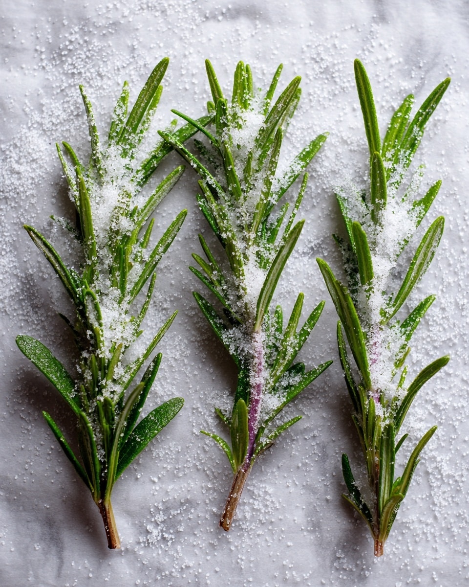 The image shows three small bunches of green rosemary sprigs covered in a layer of white granulated sugar, lying spaced apart on a sheet of parchment paper placed on a baking tray with a white marbled texture beneath. The sugar crystals give the rosemary a frosted look with a rough texture, while the rosemary leaves are needle-like and vibrant green with slightly purple stems. The overall scene is simple and clean, focusing on the contrast between the bright green and sparkling white sugar. Photo taken with an iphone --ar 4:5 --v 7