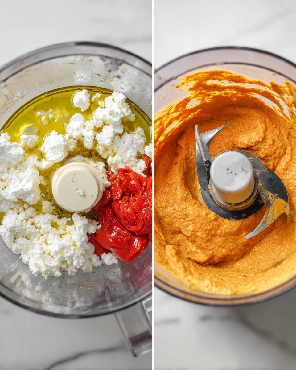 The image shows two clear food processor bowls on a white marbled surface side by side. The left bowl contains three distinct layers: white crumbly cheese piled on the left, golden-yellow olive oil pooling around the center and right, and bright red roasted red peppers pushed into the bottom right corner. The right bowl holds a single thick, smooth blend of these ingredients, showing a creamy orange-red mixture covering the whole inside, with the food processor blade partly visible in the center. Photo taken with an iphone --ar 4:5 --v 7