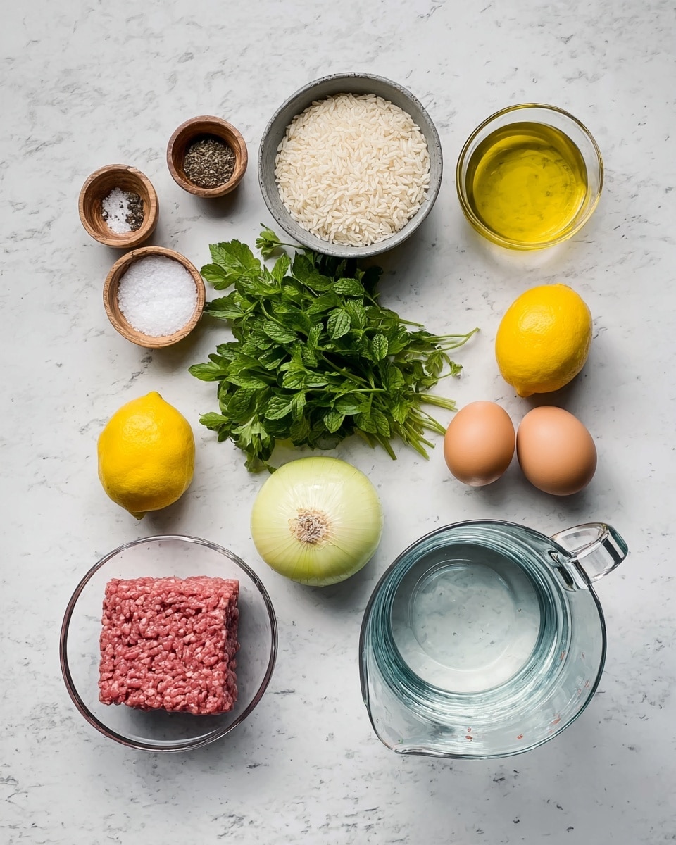 The image shows an arrangement of raw cooking ingredients placed on a white marbled surface. On the left, there is a small wooden bowl filled with salt and below it, another small wooden bowl with black pepper. Next to these bowls, there is a metal cup with uncooked white rice. Below the rice is a clear glass bowl containing raw ground meat in a rectangular block. Toward the center, there is a whole yellow onion placed beside fresh green parsley and a bunch of green mint leaves. To the right of the greens, there are two yellow lemons placed side by side. Near the top-center, three brown eggs are grouped together next to a small bowl of yellow olive oil. On the far right, a large clear glass measuring pitcher filled with water is positioned. The ingredients are evenly spaced, showing natural colors and textures clearly. Photo taken with an iphone --ar 4:5 --v 7