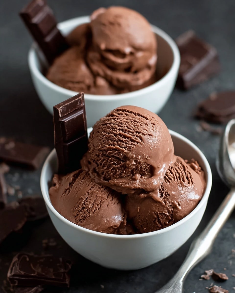 The image shows two white bowls filled with three scoops of rich, creamy chocolate ice cream each. The ice cream is dark brown and has a smooth but slightly textured surface. In each bowl, there are three pieces of dark chocolate bars placed vertically, sticking out from between the scoops. The bowls sit on a dark surface with a metal ice cream scoop and some chocolate pieces scattered nearby. Photo taken with an iphone --ar 4:5 --v 7