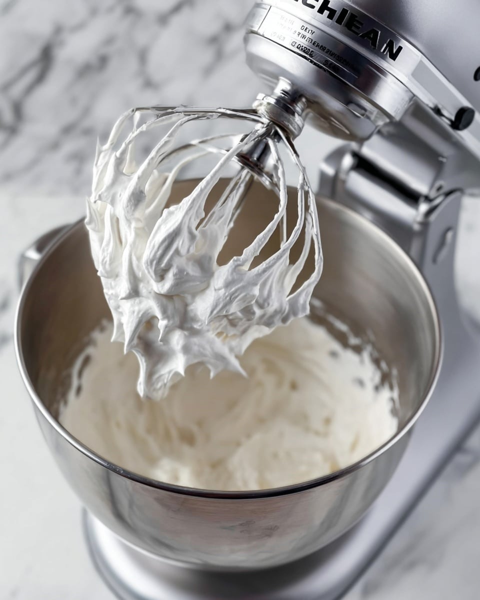 The image shows a close-up of a silver metal mixing bowl attached to a KitchenAid stand mixer with a whisk attachment covered in thick white whipped cream. Inside the bowl, the whipped cream looks fluffy with soft peaks and smooth texture. The background is a white marbled surface, giving a clean and bright look to the scene. photo taken with an iphone --ar 4:5 --v 7