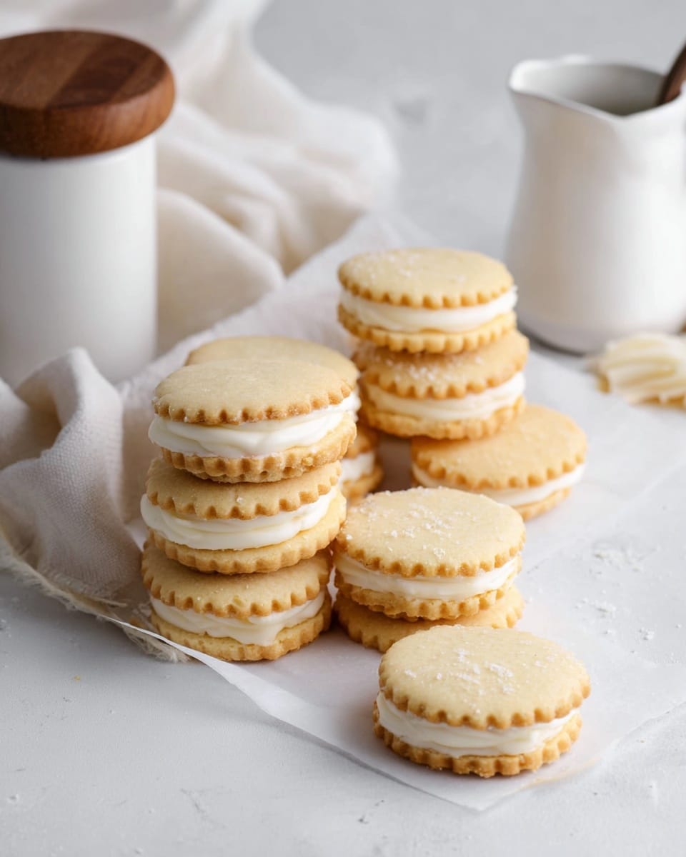 There is a white marbled surface with a stack of small round sandwich cookies on it, each cookie has two pale golden, slightly rough textured biscuit layers with scalloped edges, and a thick white creamy filling between them. The cookies are arranged casually on two layers of white parchment paper, some stacked and others lying flat. In the background, there are white ceramic containers, one with a wooden lid and the other shaped like a small pitcher, with a light white cloth draped softly nearby. Photo taken with an iphone --ar 4:5 --v 7