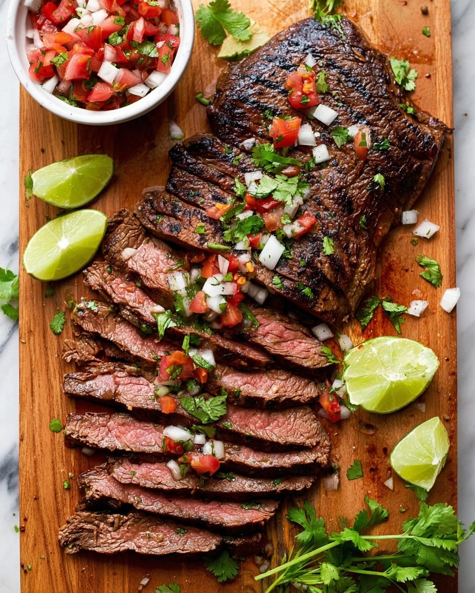 A wooden board with a large piece of dark grilled meat on top, sliced into about ten thin layers showing a pink center. The meat is garnished with chopped tomatoes, white onions, and green herbs scattered over and around it. Fresh green cilantro sprigs and four lime wedges are placed around the meat for decoration. A small white bowl with diced red tomatoes and white onions sits at the top left corner on a white marbled surface. The overall look is colorful with red, green, and white accents on brown meat and board, showing a fresh, rustic presentation photo taken with an iphone --ar 4:5 --v 7
