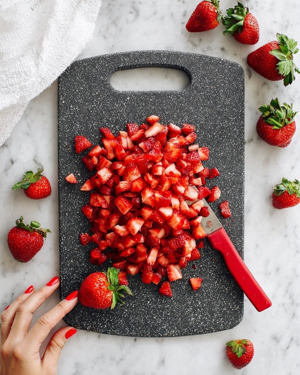 A pile of small, chopped red strawberries fills most of a dark gray cutting board with speckled texture. One whole bright red strawberry with green leaves sits near the bottom center of the board. A knife with a red handle lies diagonally on the right side of the board, its blade showing the same red color from the strawberries. A woman's hand with red nail polish touches the bottom left corner of the board. Around the board, whole strawberries and green leafy tops are scattered on a white marbled surface, with a white cloth partially visible on the top left. photo taken with an iphone --ar 4:5 --v 7