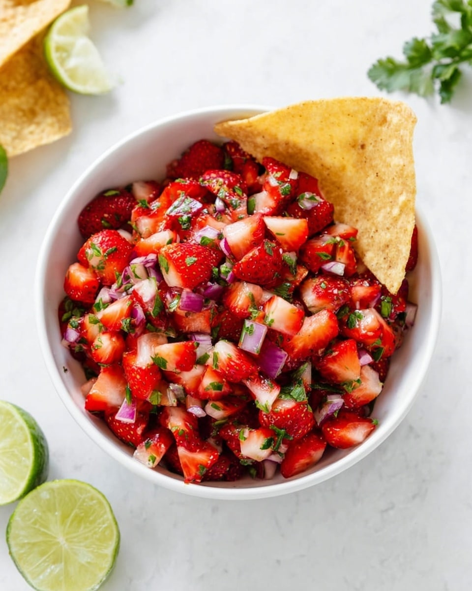 A white bowl filled with a colorful mix of diced red strawberries, small pieces of green herbs, and small bits of purple onion. A single large tortilla chip leans on the right side inside the bowl. The bowl is resting on a white marbled surface with lime wedges and some green herbs nearby. The blend of colors shows fresh bright reds and greens mixed with hints of purple, creating a vibrant and fresh look. photo taken with an iphone --ar 4:5 --v 7