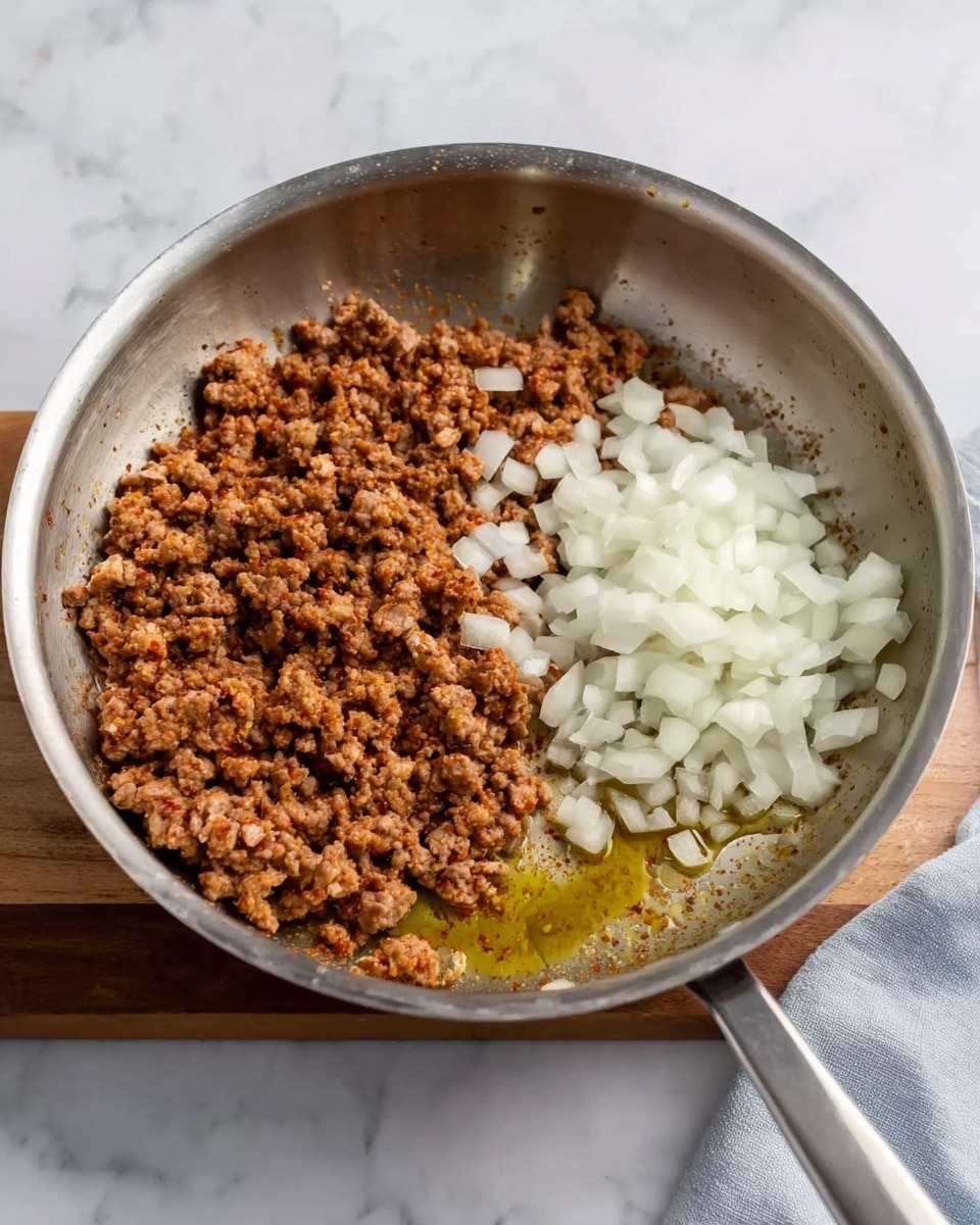 A shiny metal pan sits on a white marbled surface with cooked ground meat on the left side, showing a brown color with small bits of seasoning. On the right side of the pan, there is a pile of fresh, chopped white onions. Some oil from the cooked meat pools near the middle of the pan. The pan rests partly on a small wooden board, with part of a light gray cloth visible in the background. photo taken with an iphone --ar 4:5 --v 7
