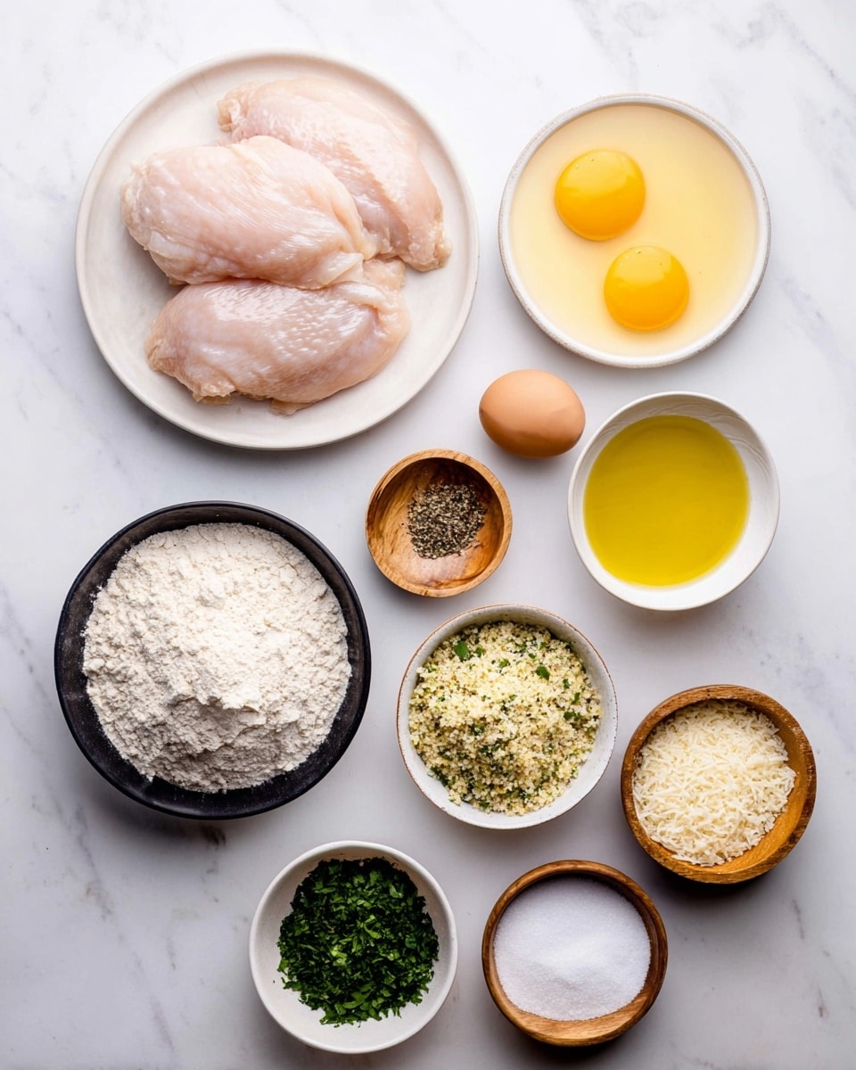 The image shows raw ingredients arranged on a white marbled surface. At the top left, there is a white plate with two large pieces of pale raw chicken. To the right, a white bowl holds two raw egg yolks in clear egg whites. Below the chicken, there is a small wooden bowl with black pepper, and to the right of it, a small white bowl filled with yellow olive oil. Near the center, a black bowl contains grated white parmesan cheese, and to its right, a white bowl has seasoned breadcrumbs with green herbs mixed in. Below the breadcrumbs, a small clear bowl holds fresh green herbs. At the bottom left, a wooden bowl is filled with white flour, and at the bottom right, a smaller wooden bowl contains coarse white salt. photo taken with an iphone --ar 4:5 --v 7