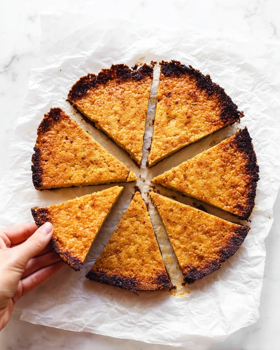 A round flat pie is cut into six equal triangular slices. The pie has one thick golden-brown layer with a crumbly texture and darker, slightly burnt edges all around. One slice is being held by a woman's hand on the left side of the image. The pie sits on a wrinkled white parchment paper over a white marbled surface. photo taken with an iphone --ar 4:5 --v 7