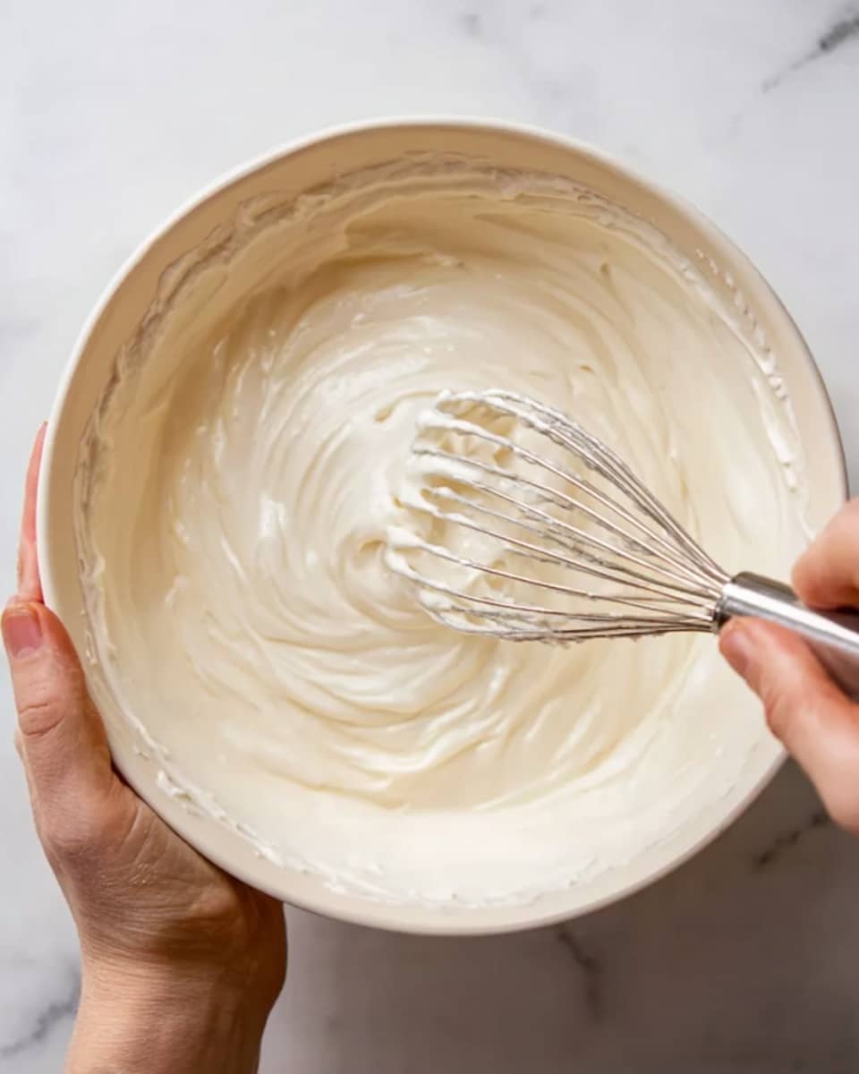 A close-up view of a white bowl filled with smooth, creamy whipped mixture. A woman's hand holds a metal whisk inside the bowl, gently stirring the thick, soft cream. Another woman's hand supports the bowl from the side. The bowl sits on a white marbled surface, and the whipped texture looks light and airy with soft peaks forming. photo taken with an iphone --ar 4:5 --v 7