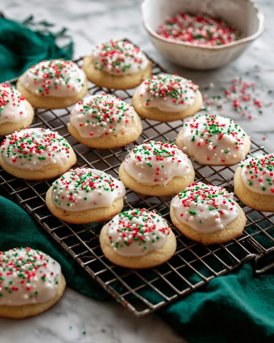 A metal cooling rack holds three rows of round cookies, each with a light golden base layer topped by a smooth white icing layer that drips slightly over the edges. On top of this icing are red and green sprinkles scattered evenly over each cookie. The rack sits on a white marbled surface with a dark green cloth partially visible underneath. Nearby, a white bowl with red and green sprinkles is slightly blurred in the background. One cookie lies off the rack on the marbled surface. Photo taken with an iphone --ar 4:5 --v 7