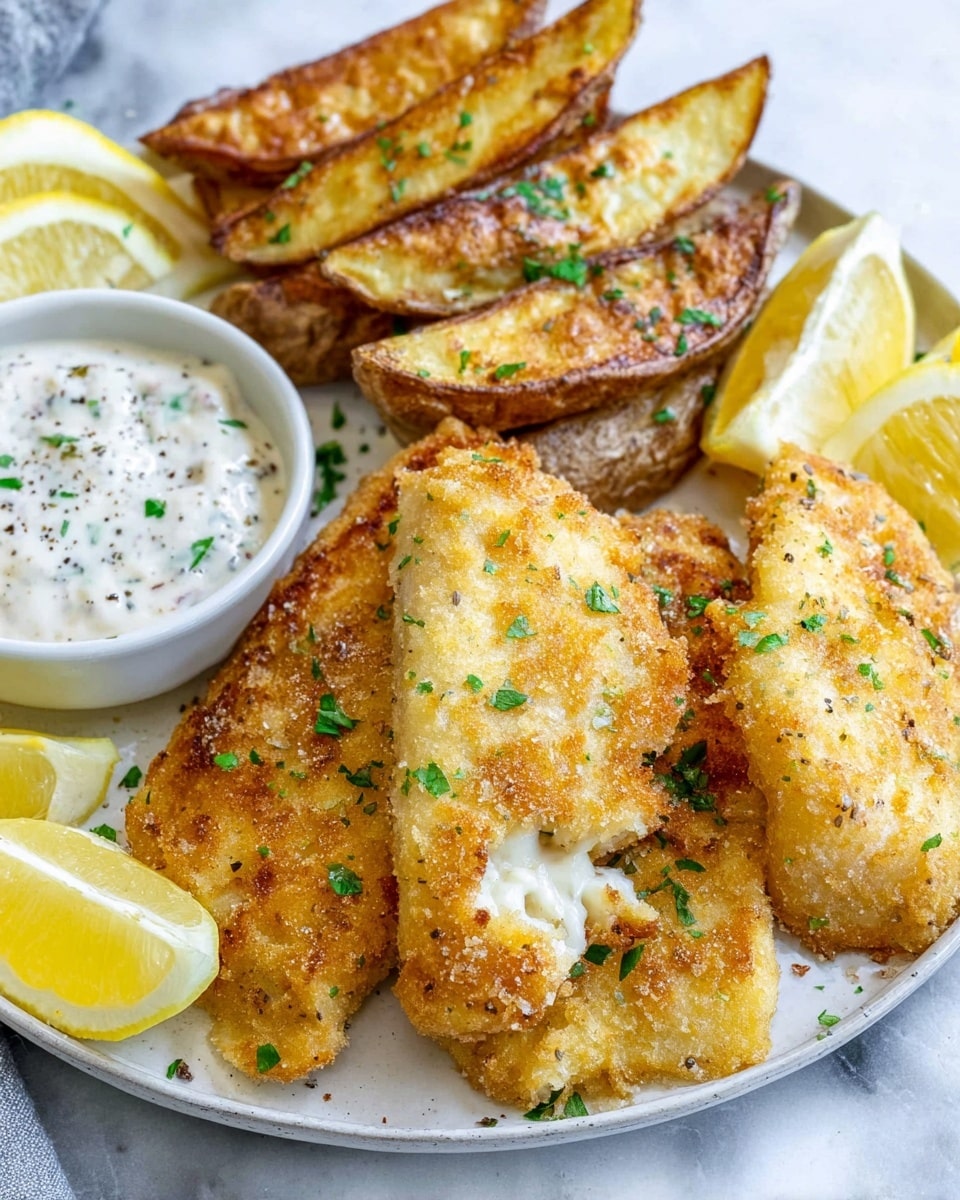 The dish shows a white plate on a white marbled surface filled with golden brown crispy fish fillets placed in the front, garnished with chopped green herbs. Behind the fish are thick potato wedges cooked to a light golden brown with some darker crispy edges, stacked leaning slightly against the fish. There is a small white bowl filled with creamy white sauce speckled with herbs and black pepper placed to the bottom left on the plate. Lemon wedges, including a half lemon and smaller slices, are scattered around the plate adding bright yellow color contrast. Photo taken with an iphone --ar 4:5 --v 7
