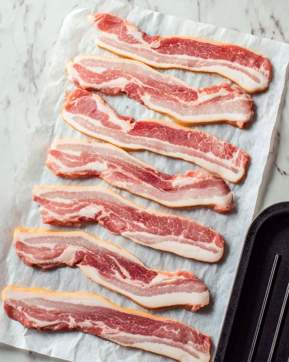 Six long strips of raw bacon with a mix of pink meat and white fat are laid out in a neat row on a sheet of white parchment paper. The bacon shows natural marbling and varying thickness along each strip, from the thicker white fat edges to the deeper pink center. Part of a black grill pan is visible on the right side, placed on a white marbled surface. photo taken with an iphone --ar 4:5 --v 7