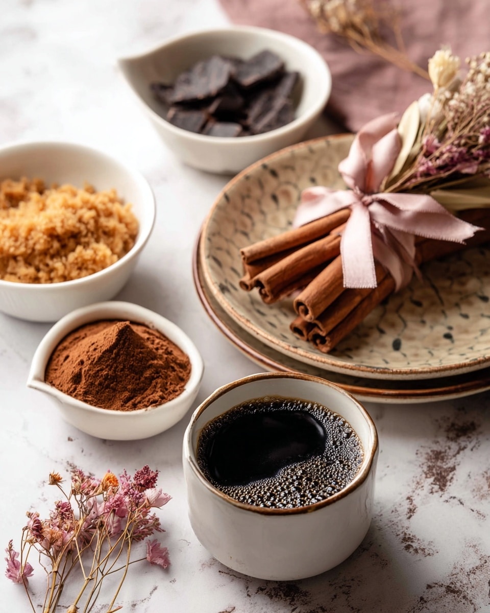 The image shows a close-up of a cozy arrangement featuring a white cup filled with black coffee in the front, with visible bubbles on the dark liquid's surface. Behind it, there is a small white bowl filled with brown powdered spice, placed on a patterned beige plate that holds a neat bunch of cinnamon sticks tied together with a soft pink ribbon and decorated with dried flowers. To the left of the bowl, another white bowl contains a crumbly golden-brown substance. Further back, there is a white cup filled with small dark chocolate chunks. The entire scene rests on a white marbled surface that adds a soft, elegant touch. Photo taken with an iphone --ar 4:5 --v 7
