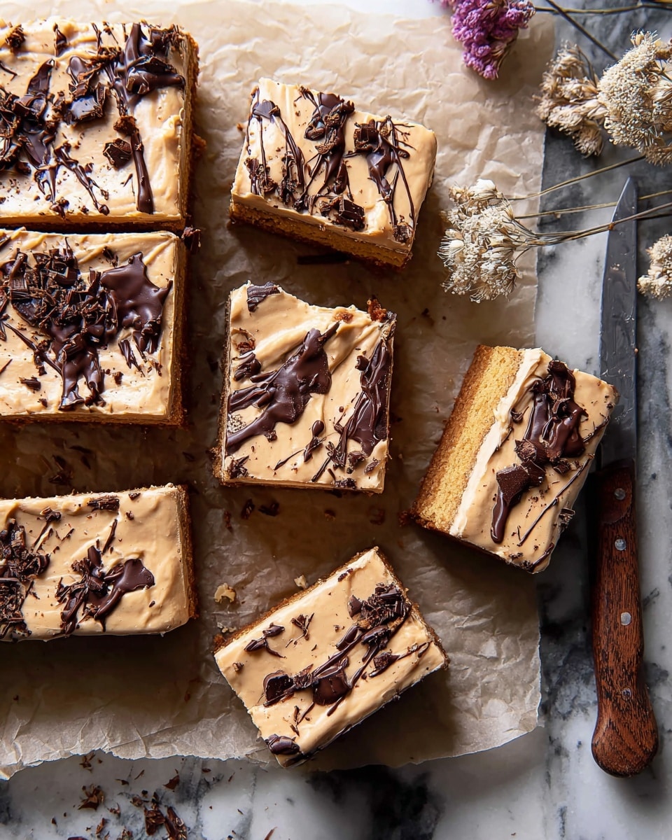 The image shows several rectangular pieces of a dessert placed on parchment paper over a white marbled surface. Each piece has two main layers: a bottom layer with a golden brown color and cake-like texture, and a thick top layer of creamy light tan frosting. On top of the frosting, dark chocolate shavings and drizzle add contrast with their deep, shiny brown color. The pieces are arranged closely, with some crumbs and a knife with a wooden handle positioned to the right. Dried flowers with light beige and purple hues are also present near the knife. The photo taken with an iphone --ar 4:5 --v 7