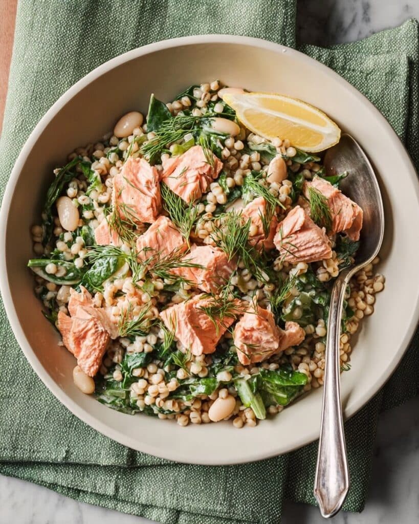 Grain Bowls with Salmon, Barley, & Crème Fraîche Recipe