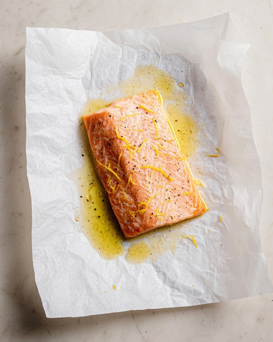 A single piece of cooked salmon lies flat on a white sheet of parchment paper, which has some shiny olive oil drizzled around it. The salmon is light orange-pink with a moist texture, dotted with small black pepper flakes, and thin strands of zest on top. The whole scene is set on a white marbled surface, visible around the edges of the parchment paper. photo taken with an iphone --ar 4:5 --v 7