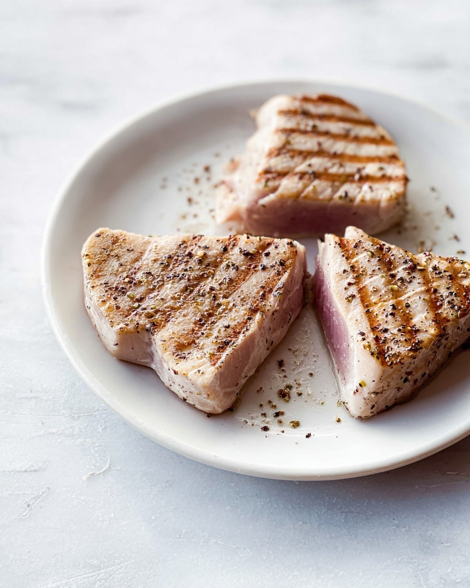A white plate holds three pieces of grilled tuna steaks, each lightly browned with visible dark grill marks and sprinkled with black pepper. The tuna has light pink centers showing through the slightly cooked outer layers, with a sprinkle of seasoning visible on the surface. The plate sits on a white marbled background, adding a clean and fresh look to the presentation. photo taken with an iphone --ar 4:5 --v 7