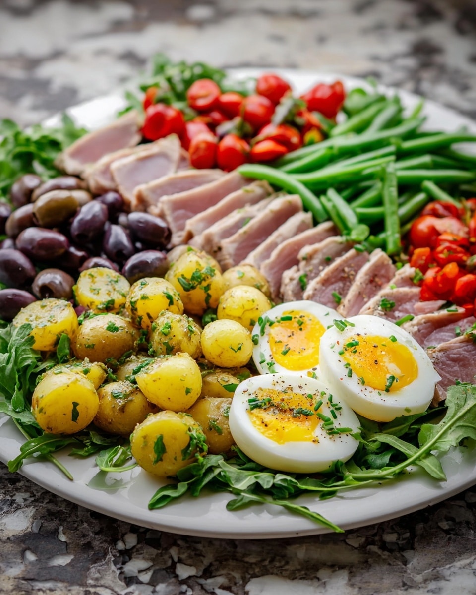 A large white plate with several sections of food arranged neatly on a white marbled surface. In the front left, there are yellow baby potatoes seasoned with herbs, looking soft and shiny, layered over some green leafy arugula. To the right of the potatoes, there are dark purple olives with a smooth texture, sitting next to sliced boiled eggs showing bright yellow yolks and white edges sprinkled with black pepper and chopped chives. Behind the eggs and olives, thin slices of cooked tuna with a light pink center and a seared outer edge form a row. Next to the tuna, there are blanched green beans with a glossy finish, and at the back right side, halved red cherry tomatoes mixed with small green capers add a pop of color. The whole arrangement is fresh and colorful, capturing natural textures and colors very well. Photo taken with an iphone --ar 4:5 --v 7